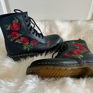 Black Rose Embroidered Combat Boots - Women